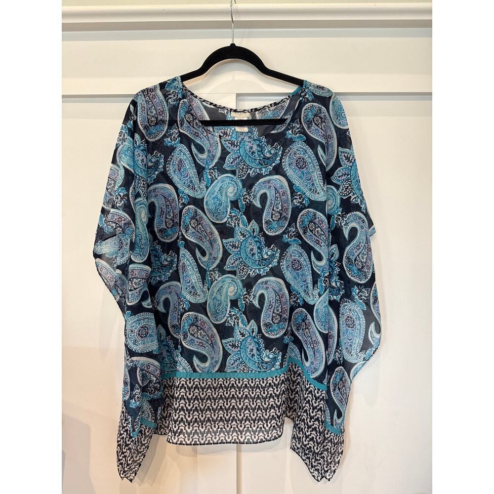 Talbots Poncho Style Semi-Sheer Blue Paisley Blouse, L/XL - Picture 1 of 6